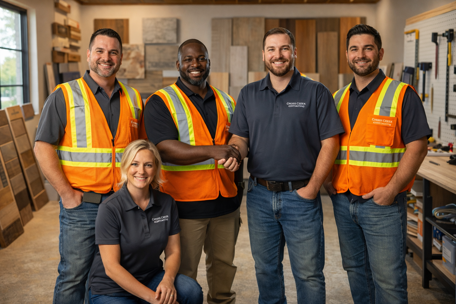 Professional flooring installation team at work